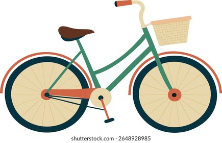 Charming flat vector of a retro bicycle featuring a front woven basket, pastel color scheme, and vintage styling. Ideal for nostalgic prints, lifestyle blogs, travel postcards, eco-friendly design. 