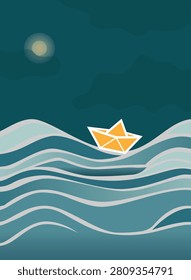 A charming flat vector scene depicting a bright yellow origami toy ship sailing through rough linear ocean ripples during a dark cloudy night with a shining full moon. Vector illustration