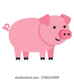 A charming, flat-design cartoon pink pig stands gracefully, smiling gently on a clean white background, exuding a cheerful and friendly farm animal vibe.