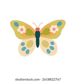 Charming flat-style butterfly illustration featuring vibrant, abstract floral patterns on its wings. Designed with a soft pastel color palette. Perfect for spring themed projects.