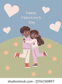 Charming flat-style illustration of a couple hugging with hearts and flowers on a grassy hill, perfect for Valentine's Day, romantic themes, and greeting cards.