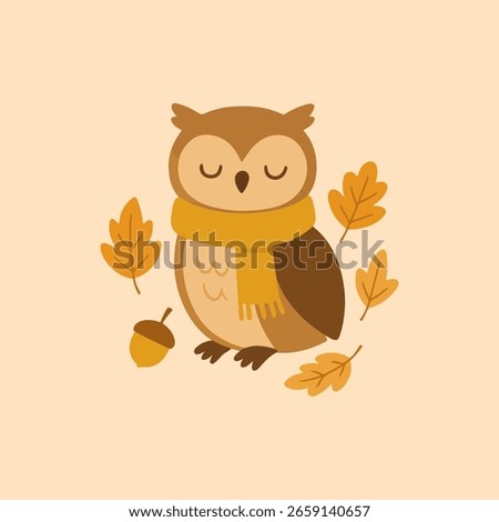 Charming flat-style illustration of a cute brown owl with closed eyes, wearing a mustard scarf and surrounded by autumn leaves and an acorn. Designed with warm earthy tones and minimalist charm.