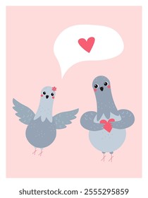 Charming flat-style illustration of two pigeons exchanging love with a speech bubble and heart. Perfect for Valentine's Day cards, romantic designs, and celebrations of love and affection.