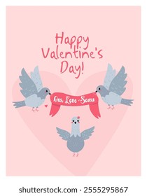 Charming flat-style Valentine's Day illustration with three cute pigeons holding a banner, surrounded by a pink heart background. Perfect for romantic designs, greeting cards, and holiday decorations.