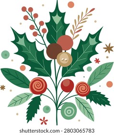 A charming, flat-style vector illustration of a Christmas holly sprig, featuring stylized leaves, berries, swirls, and small decorative botanical accents.