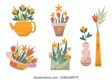 Charming Floral Arrangements in Unique Containers – Teapot, Hat, Envelope, and Vases with Spring Flowers in a Flat Illustration