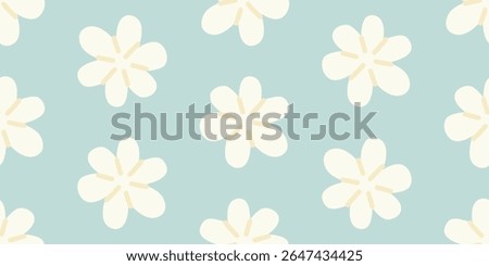 Charming floral background with scattered white flowers on soft blue backdrop. Ideal for spring posters, children’s wall art, or cheerful digital designs. A gentle botanical illustration.