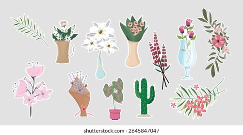 Pegatinas de Vector floral y botánico con encanto. Una deliciosa variedad de ilustraciones de flores, plantas y hojas, con ramos, plantas en macetas y productos botánicos individuales