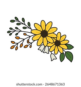 A charming floral design features two yellow sunflowers, green leaves, orange berries, and white bell-shaped flowers on a clean white background.