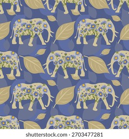 Charming floral elephant seamless pattern with botanical leaves on a soft blue background, perfect for kids’ products, fabric prints, and stationery.