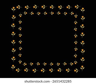 A charming floral frame composed of hand-drawn yellow tulips and muted green leaves, arranged in a square shape on a black background. Perfect for vintage-themed invitations, greeting cards