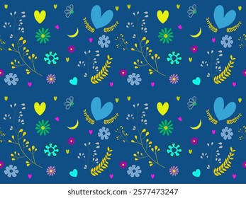 Charming Floral Heart Pattern: This cheerful and whimsical pattern features a delightful array of hearts, flowers, and butterflies in vibrant hues against a rich blue background.