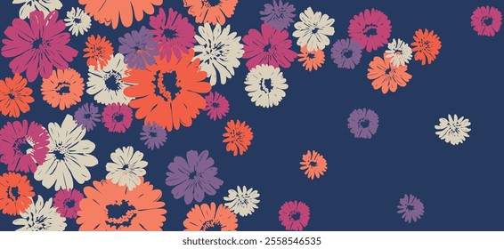 Charming floral pattern of alternating pink and cream daisies on a navy blue backdrop.