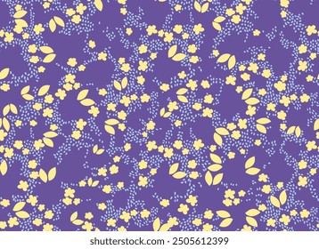 Charming floral pattern with delicate yellow flowers and green leaves on a soft purple background. Perfect for spring-themed designs, textiles, and stationery.