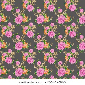 Charming floral pattern design with pink roses and accents on a gray background.