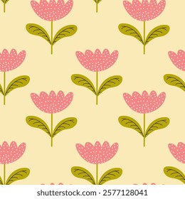 A Charming Floral Pattern Featuring Beautiful Pink Flowers on a Cream Background. Spring seamless pattern, vector, flat