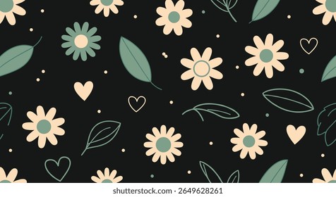 A charming floral pattern featuring blooming daisies and heart shapes scattered across a dark background creating a whimsical and delightful aesthetic