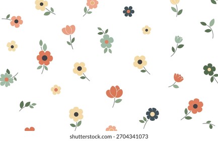Un encantador patrón floral con flores de colores pastel dispersas sobre un fondo blanco limpio, perfecto para diversas aplicaciones de diseño.