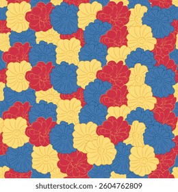 A charming floral pattern featuring a striking mix of primary colors—red, blue, and yellow. The playful yet elegant design is perfect for fabric prints, home decor, branding, and digital art.