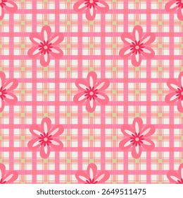 A charming floral pattern on a delicate pink plaid background
