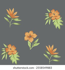 Charming Floral Pattern with Orange Flowers on Gray Background
