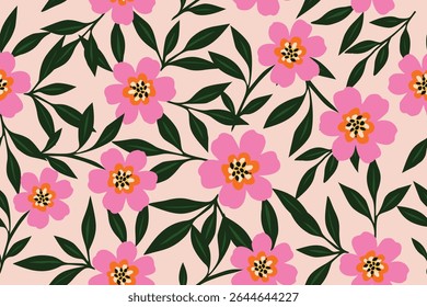 Charming floral pattern with pink flowers, orange centers, and dark green leaves on a soft blush background—perfect for spring, fabric, and feminine designs.
