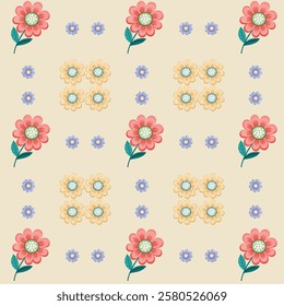 Charming Floral Pattern with Red, Yellow, and Blue Flowers on Beige Background