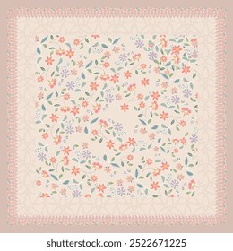 Charming floral pattern with soft pink, orange, and purple flowers and green leaves on a cream background, surrounded by a delicate lace-like border. Perfect for textiles, wallpapers, and stationery.