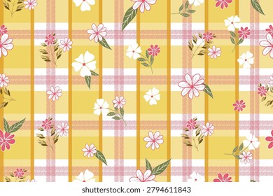 Charming floral plaid seamless pattern featuring delicate pink and white flowers, leafy botanical elements, and a warm yellow checkered background. Elegant repeating surface design ideal for fabric printing, wallpaper, wrapping paper, home decor, scrapbook projects, stationery, and textile applications.