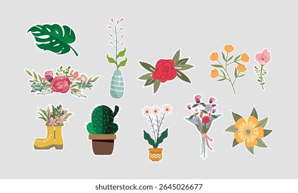 Encantador Floral e Planta Adesivo Pack. Um conjunto delicioso de ilustrações vetoriais com várias flores, plantas e elementos naturais, perfeito para projetos de design