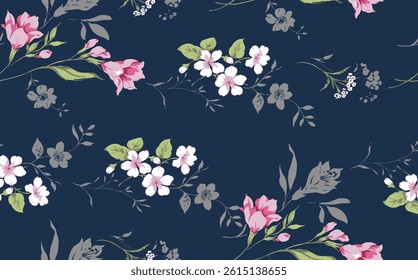Charming Floral Print on Navy Blue Background