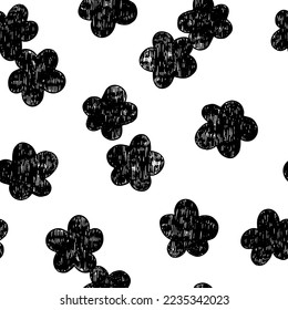 Charming floral print of painted flowerlets. Cute children's drawings. Monochrome design for packaging paper. Romantic bloomers