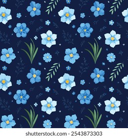 Charmantes florales, nahtloses Muster mit blauen Blumen und grünen Blättern auf dunklem marineblauem Hintergrund. Ideale Vektorgrafik für Stoff, Tapete, Schreibwaren und Geschenkverpackung, inspiriert von der Natur