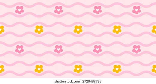 Ilustração de vetor sem emenda floral encantadora com margaridas florescentes, elementos acolhedores da floresta, e uma estética kawaii, ideal para papel de embrulho, tecidos de bebê e produtos com tema de primavera alegre