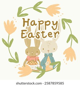 A charming floral wreath encircles two adorable bunnies holding carrots, complete with the cheerful text 'Happy Easter.
