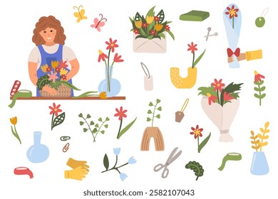 Charming Florist at Work – Floral Arrangement Tools, Bouquets, and Spring Decorations in a Whimsical Illustration