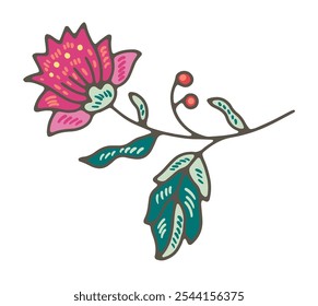 A charming flower with pink petals and green leaves, illustrated in a whimsical style. Vector illustration, isolated on white. Ideal for invitations and spring themes.