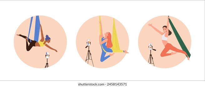 Charming fly yoga female trainer cartoon character hovering in hammock isolated round composition