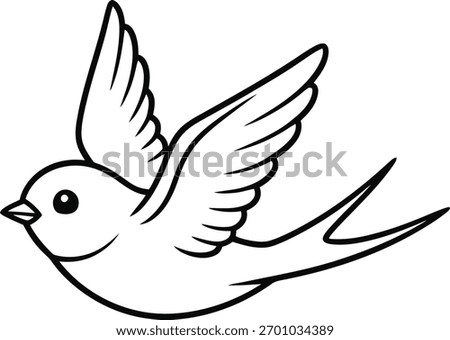 Charming flying bird cartoon in clean black and white outline vector, great for kids coloring pages, preschool art, and fun educational drawing.
