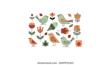 Charming folk art birds and botanical elements adorning a white background