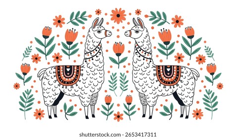 Encantadora ilustração de arte popular com duas lhamas adoráveis cercadas por desenhos florais vibrantes e vegetação