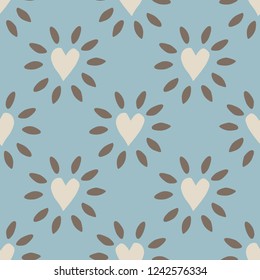 Charming folk art illustrations of glowing hearts blue gray / grey, silver and light brown seamless vector pattern that is perfect for textiles, fashion, home decor, gift wrapping paper and cards.
