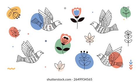 Charming folk art style birds and floral elements collection for creative projects