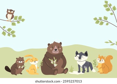 Charming forest animals group scene for children's decor and storytelling.