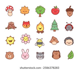 Charming forest nature set with smiling animals, plants, and insects in a cute kawaii cartoon style, bringing warmth, joy, and friendliness to any yours creative illustration project.