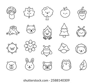 Charming forest nature set with smiling animals, plants, and insects in a cute kawaii cartoon style, bringing warmth, joy, and friendliness to any yours creative illustration project.