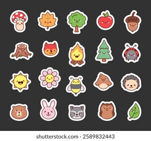 Charming forest nature set with smiling animals, plants, and insects in a cute kawaii cartoon style, bringing warmth, joy, and friendliness to any yours creative illustration project.