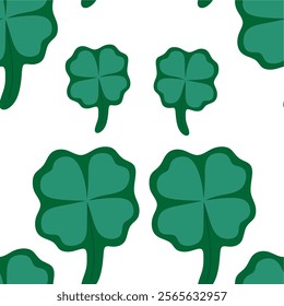 Charming four-leaf clovers dance across a bright white background, creating a cheerful, lucky, and refreshing pattern.  Perfect for spring!