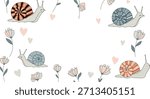 Charming frame design adorned with sweet snails featuring patterned shells, delicate hearts, and blooming flowers on a white background.