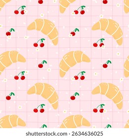 Charming French breakfast pattern with pastries, flowers, and sweet berries. Provence-inspired design with soft lines and repeat texture for childrens fabric